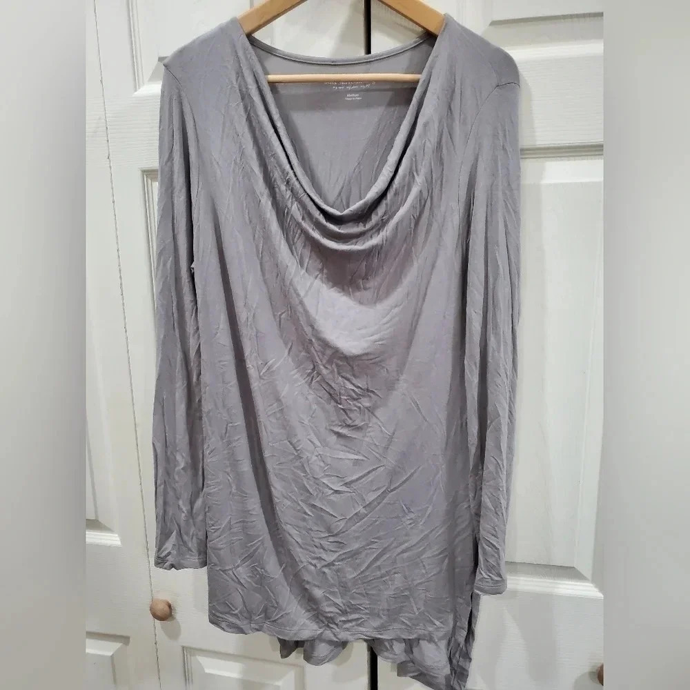 Soft Surroundings Medium Gray Jersey Knit Cowl Neck Drape Tunic Top Assymetric‎